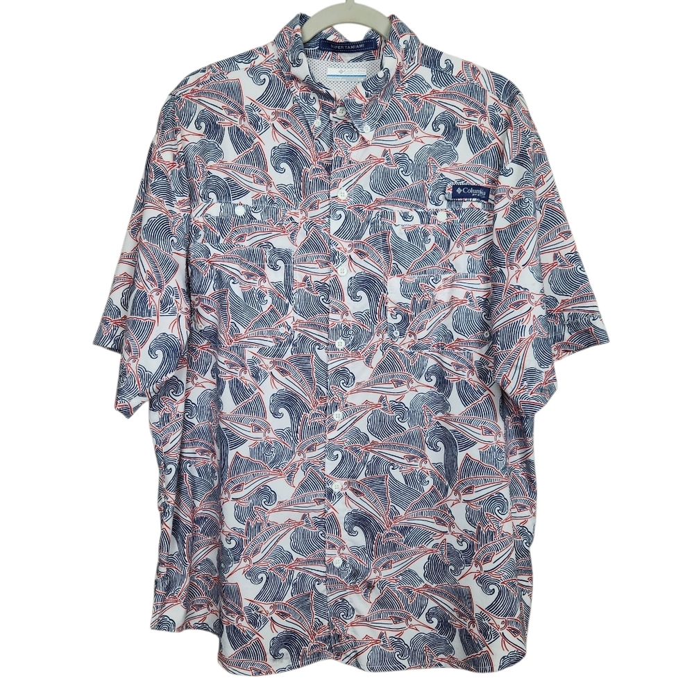 Columbia PFG Super Tamiami Marlin Print Fishing Short Sleeve Shirt Mens Size L